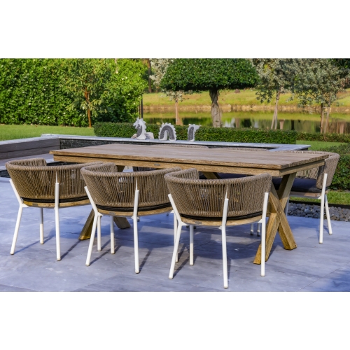 Santino & Melina 7 Piece Outdoor Dining Set in Taupe, Wood, Grey & White